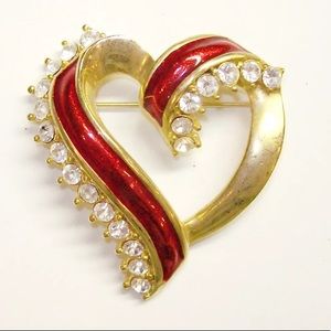 Heart Pin Brooch Red Enamel on Gold tone Rhinestones